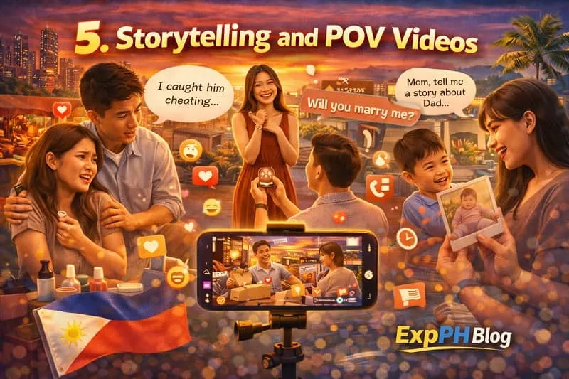 Filipino TikTok creators recording emotional storytelling and POV videos using a smartphone and tripod, with the ExpPH Blog logo visible.