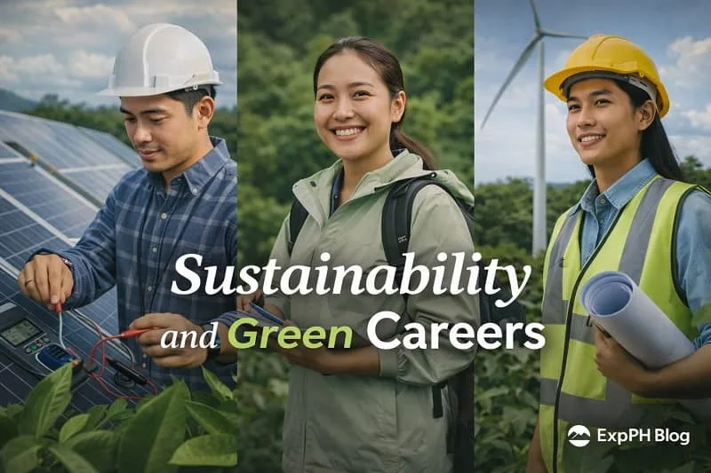 Filipino professionals working in solar energy, environmental science, and renewable projects representing sustainability and green careers with ExpPH Blog logo