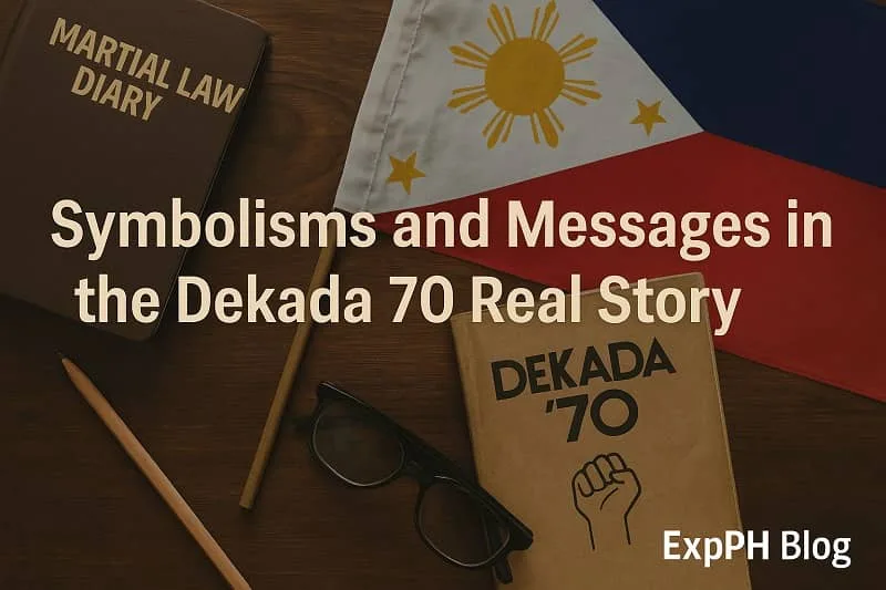 A realistic flat lay showing martial law symbols, a Dekada 70 book, a Philippine flag, and the ExpPH Blog logo.
