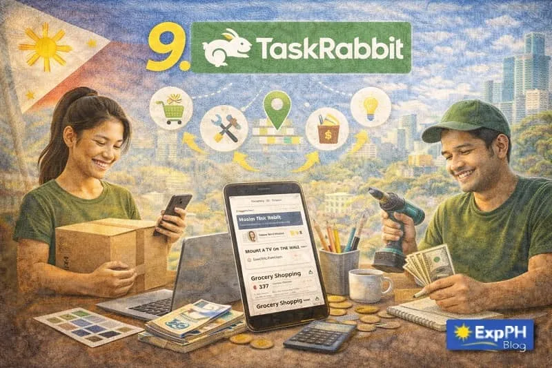Filipino freelancer using TaskRabbit app on a smartphone to find local service jobs and earn money