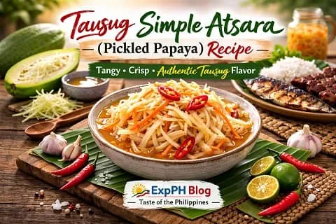 Tausug Simple Atsara bowl with pickled green papaya, red chilies, and carrots served with grilled fish and rice, ExpPH Blog featured image
