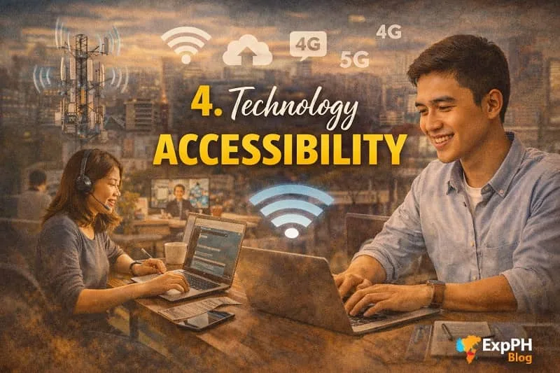 Filipino professionals using laptops and mobile internet with WiFi and cloud icons, representing technology accessibility for freelancing in the Philippines, with the ExpPH Blog logo visible.