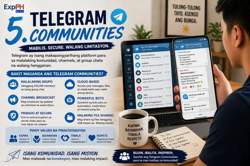 A Filipino user using Telegram on a smartphone and laptop, showing group chats, channels, and community communication features.
