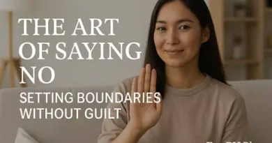Realistic photo of a Filipino woman raising her hand in a polite refusal gesture, with large text The Art of Saying No and smaller subtitle Setting Boundaries Without Guilt, plus a small ExpPH Blog logo on the lower right.
