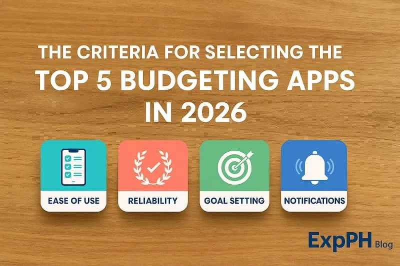 A realistic financial themed graphic showing icons for ease of use, reliability, goal setting, and notifications on a wooden background with the ExpPH Blog logo and the text The Criteria for Selecting the Top 5 Budgeting Apps in 2026.