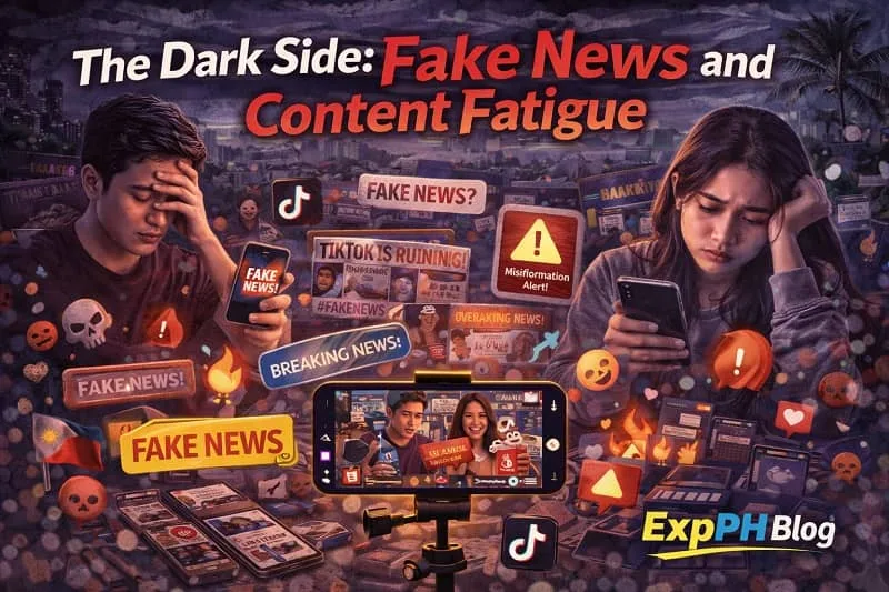 Filipino social media users feeling overwhelmed by fake news and excessive TikTok content while looking at smartphones, with the ExpPH Blog logo visible.