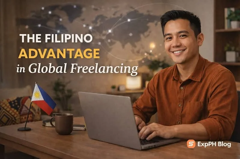 A Filipino freelancer working confidently on a laptop at a home workspace with visuals highlighting the Filipino advantage in global freelancing.