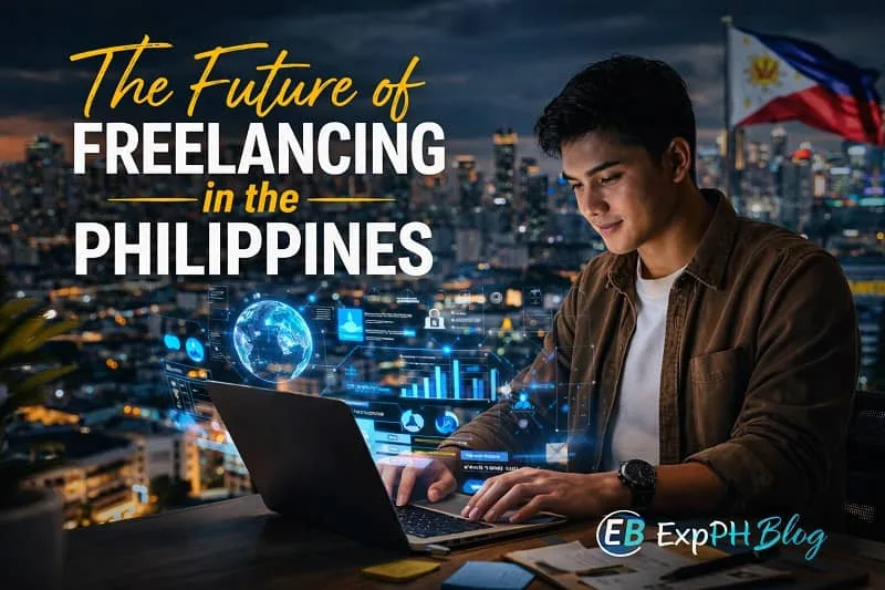 Filipino freelancer working on a laptop with a city skyline background representing the future of freelancing in the Philippines, with ExpPH Blog logo.