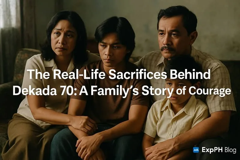 A Filipino family sitting together in a dim room showing courage during the Dekada 70 period with the ExpPH Blog logo.