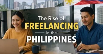 Two Filipino freelancers working on laptops in a modern office setting with Philippine flag background, representing the rise of freelancing in the Philippines