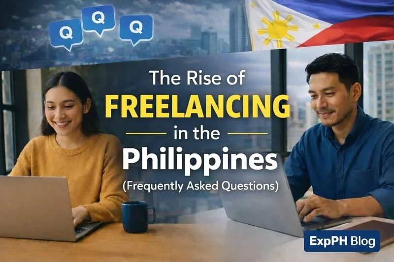 Filipino freelancers working on laptops with question icons and Philippine flag, representing frequently asked questions about freelancing in the Philippines