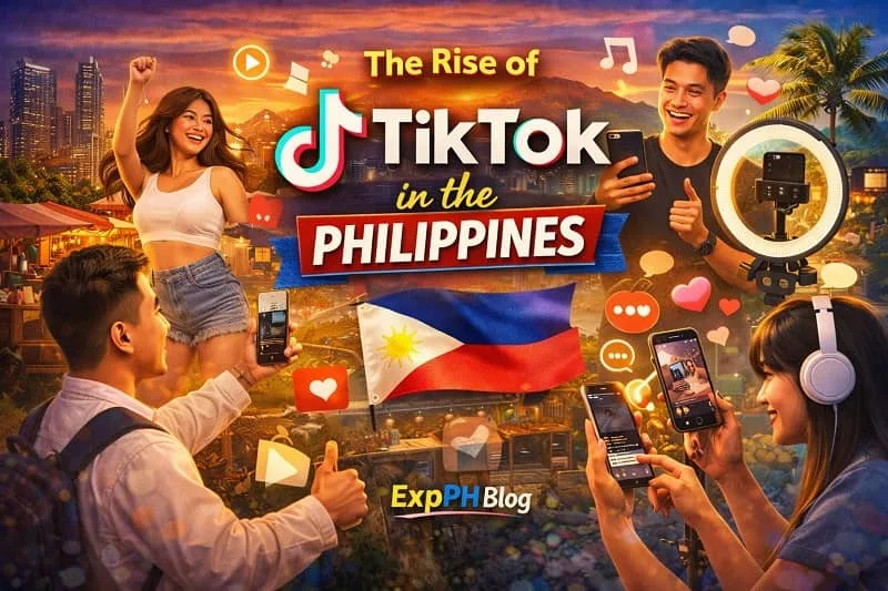 Filipino creators filming TikTok videos and dancing with smartphones and ring lights in a Philippine city setting, featuring the ExpPH Blog logo.