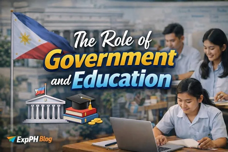 Filipino students studying with laptops while government and education symbols represent the role of government and education in supporting freelancers with ExpPH Blog logo