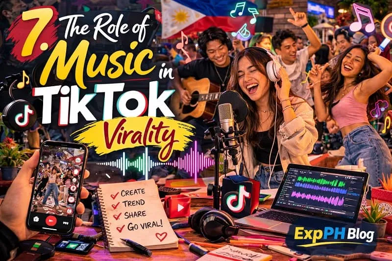 Filipino TikTok creators dancing and recording videos while music plays, highlighting the role of music in TikTok virality with the ExpPH Blog logo.