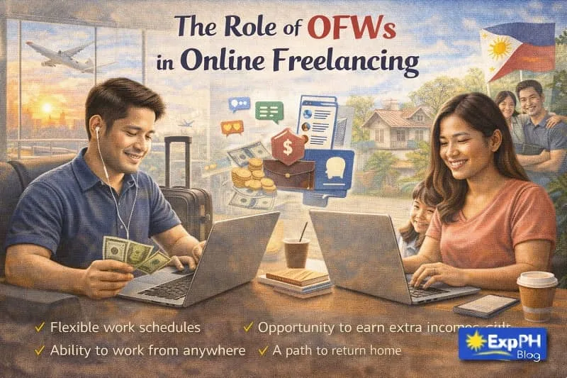 Overseas Filipino worker using a laptop to work online while communicating with family, representing OFWs earning through freelancing