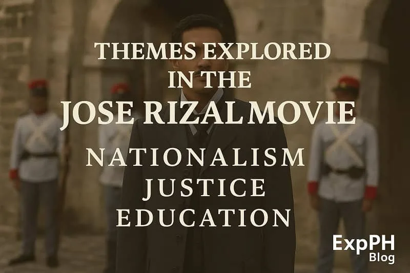 Realistic image showing major themes in the Jose Rizal Movie with ExpPH Blog logo