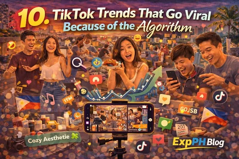 Filipino TikTok creators filming viral videos with smartphones while digital icons and growth charts represent the TikTok algorithm, with the ExpPH Blog logo visible.