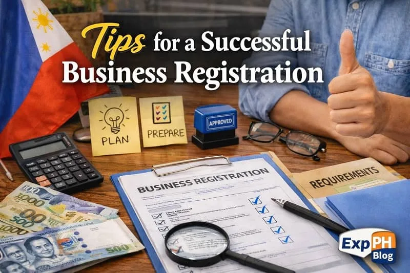 Filipino entrepreneur giving thumbs up while reviewing business registration checklist with documents, calculator, and Philippine peso bills on desk