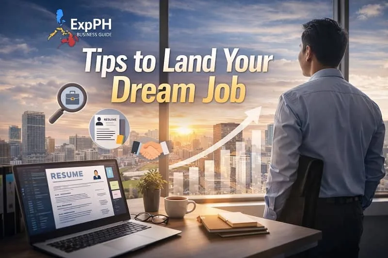 Professional Filipino job seeker looking at city skyline with resume on laptop illustrating tips to land your dream job, ExpPH Business Guide
