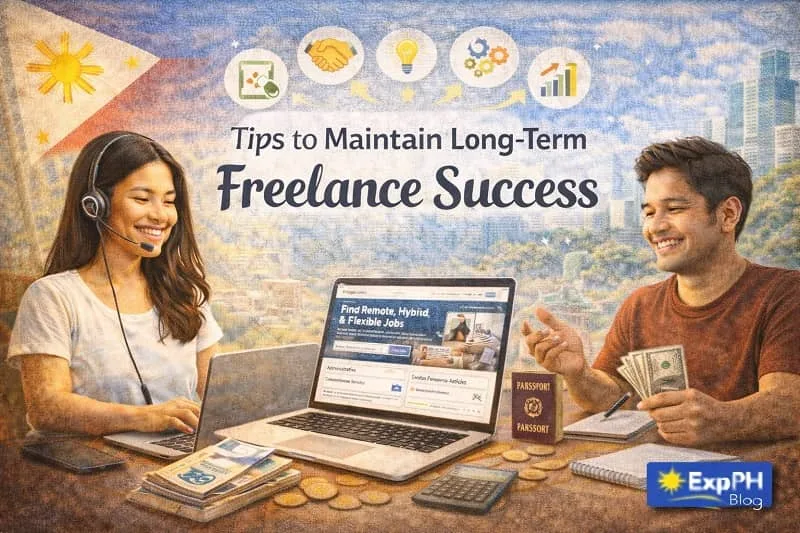 Filipino freelancers working on laptops while managing online jobs and earnings, representing long-term freelance success