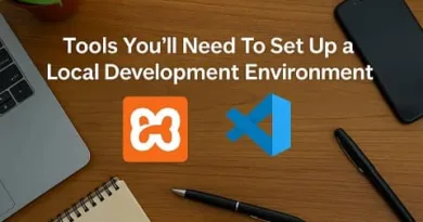 A realistic workspace featuring a laptop running Visual Studio Code with PHP code, a smartphone showing the XAMPP logo, and the ExpPH Blog logo on the desk, representing how to set up a local development environment with XAMPP and VS Code feature image