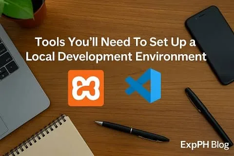 A realistic workspace featuring a laptop running Visual Studio Code with PHP code, a smartphone showing the XAMPP logo, and the ExpPH Blog logo on the desk, representing how to set up a local development environment with XAMPP and VS Code feature image