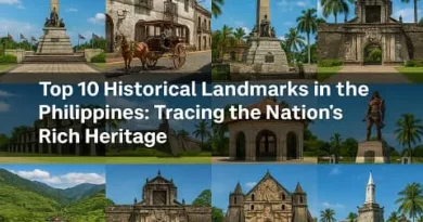 Realistic collage featuring ten historical landmarks in the Philippines including Rizal Park, Intramuros, Barasoain Church, Magellan’s Cross, Fort San Pedro, Corregidor Island, Fort Santiago, Miag ao Church, Banaue Rice Terraces, and Mactan Shrine with the ExpPH Blog logo at the bottom corner and the title across the center.