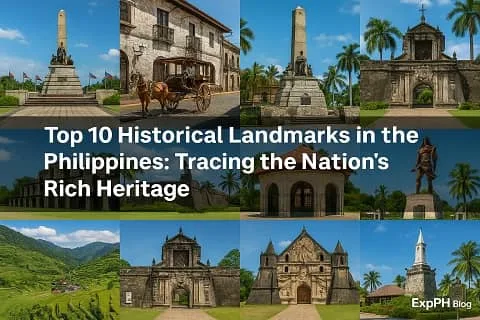 Realistic collage featuring ten historical landmarks in the Philippines including Rizal Park, Intramuros, Barasoain Church, Magellan’s Cross, Fort San Pedro, Corregidor Island, Fort Santiago, Miag ao Church, Banaue Rice Terraces, and Mactan Shrine with the ExpPH Blog logo at the bottom corner and the title across the center.
