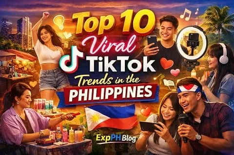 Filipino TikTok creators dancing, filming videos, and showcasing viral trends in the Philippines with the ExpPH Blog logo.
