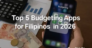 A realistic scene showing a smartphone with budgeting app icons, Filipino money, a calculator, financial charts, and the ExpPH Blog logo, with the text Top 5 Budgeting Apps for Filipinos in 2026.