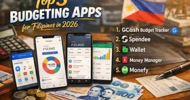 Top 5 budgeting apps for Filipinos in 2026 displayed on smartphones with Philippine peso bills and ExpPH Blog logo in a realistic financial setup.