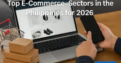 A realistic photo of a person browsing an online store on a laptop while holding a smartphone, with small boxes and a shopping cart on the table, featuring the title Top E-Commerce Sectors in the Philippines for 2026 and a small ExpPH Blog logo.