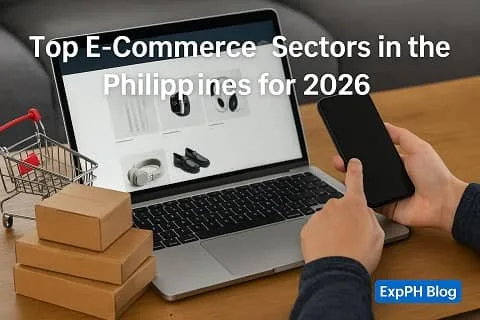 A realistic photo of a person browsing an online store on a laptop while holding a smartphone, with small boxes and a shopping cart on the table, featuring the title Top E-Commerce Sectors in the Philippines for 2026 and a small ExpPH Blog logo.
