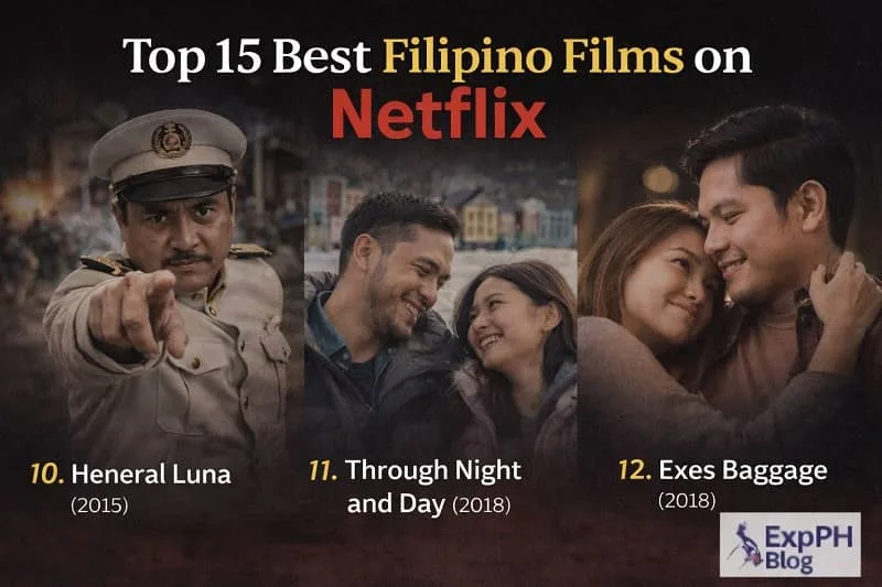 Filipino film collage showing Heneral Luna Through Night and Day and Exes Baggage with Top Filipino Films on Netflix text and ExpPH Blog logo