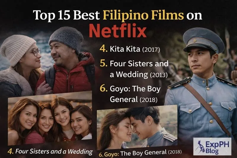 Filipino film collage showing Kita Kita Four Sisters and a Wedding and Goyo The Boy General with Top Filipino Films on Netflix text and ExpPH Blog logo
