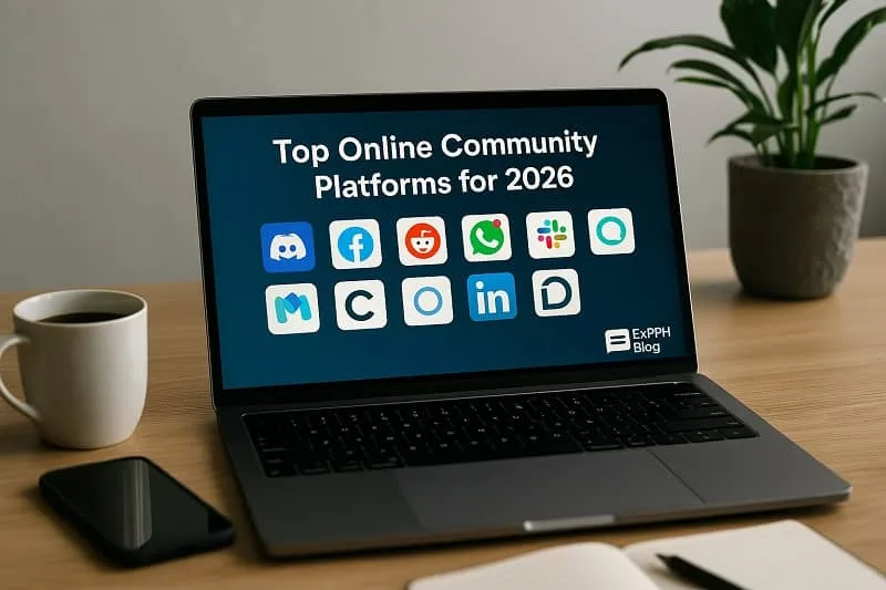 A realistic workspace featuring a laptop displaying icons of top online community platforms for 2026, including Discord, Facebook, Reddit, WhatsApp, Slack, Mighty Networks, Circle, LinkedIn, and Discourse, with the ExpPH Blog logo on the screen.