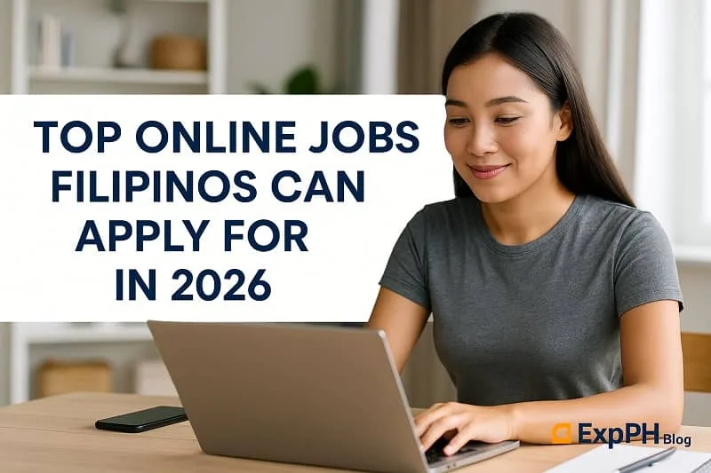 Filipina working on a laptop in a bright home office representing top online jobs Filipinos can apply for in 2026 with ExpPH Blog logo.