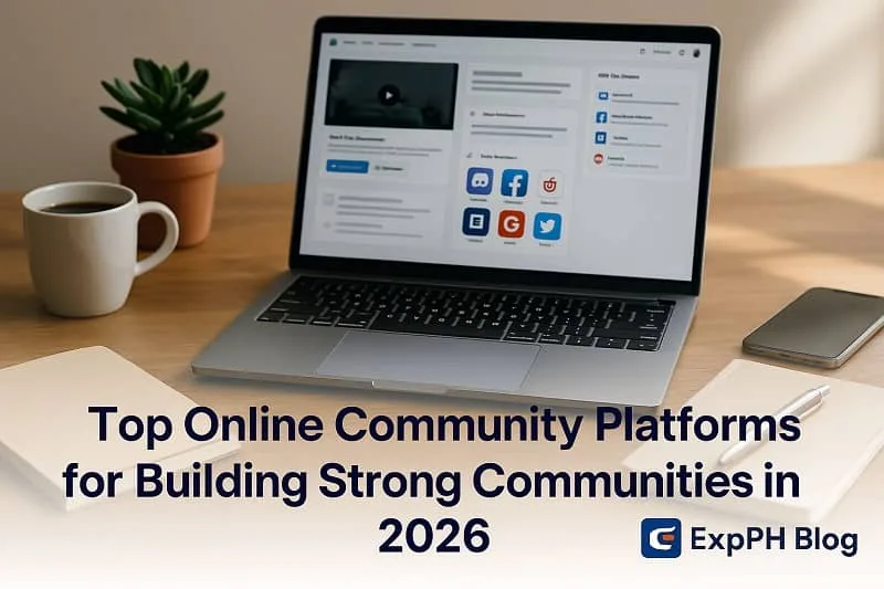 A realistic workspace with a laptop displaying icons of online community platforms, surrounded by a coffee cup, smartphone, notebook, and plant, with the text Top Online Community Platforms for Building Strong Communities in 2026 and the ExpPH Blog logo.