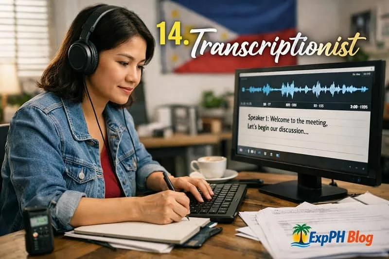 Filipino transcriptionist working from home with headphones, typing audio recordings on a computer with ExpPH Blog logo