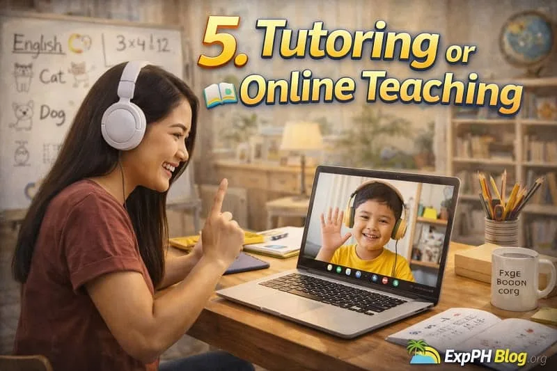Filipina tutor teaching a student online using a laptop with headset, showing an interactive lesson with text “5. Tutoring or Online Teaching”