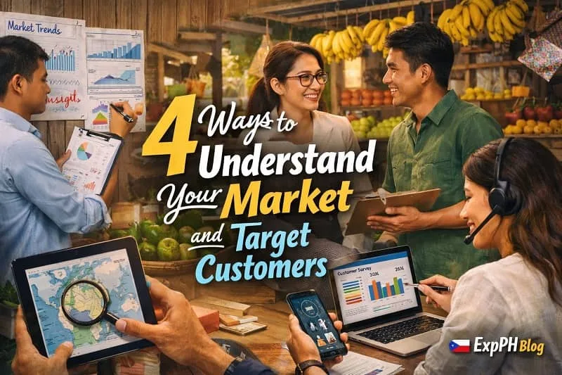 Filipino entrepreneurs analyzing market data, talking to customers, and reviewing survey results to understand target customers with ExpPH Blog logo