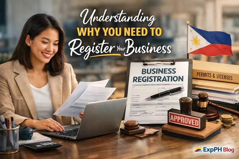 Filipino woman reviewing documents on a laptop with business registration papers, approved stamp, and Philippine flag, highlighting the importance of registering a business