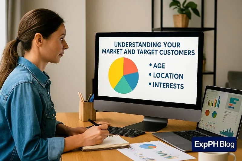 Woman analyzing charts on a computer to understand market and target customers with ExpPH Blog logo.