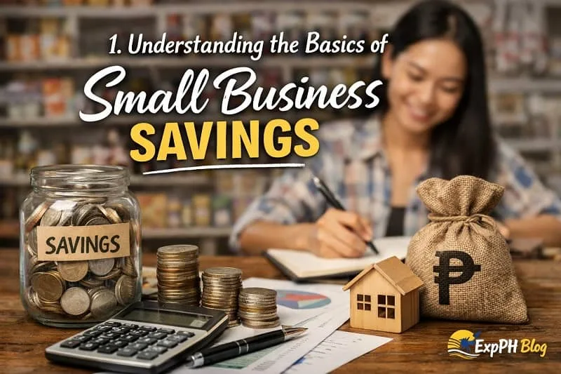 Filipino small business owner saving money with coins, calculator, and savings jar inside a sari-sari store