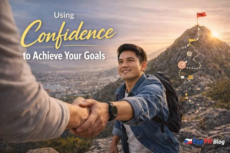 Determined Filipino professional reviewing goals on a notebook with sunrise city background and text Using Confidence to Achieve Your Goals with ExpPH Blog logo