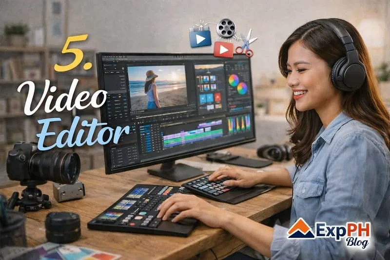 Filipino video editor working on a computer with video editing software timeline, representing video editing jobs from home with ExpPH Blog logo