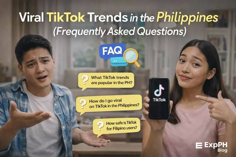 Filipino man and woman discussing TikTok trends while holding a smartphone with FAQ graphics and ExpPH Blog logo displayed.