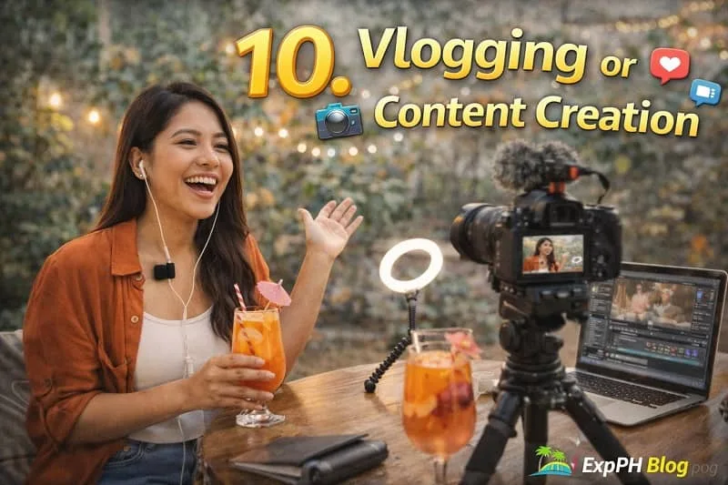 Filipino content creator recording a vlog using camera, ring light, and smartphone setup with text “10. Vlogging or Content Creation”