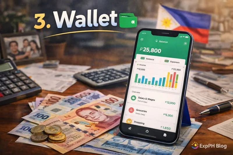 Wallet budgeting app displayed on a smartphone with Philippine peso bills and coins on a desk, featuring ExpPH Blog logo.
