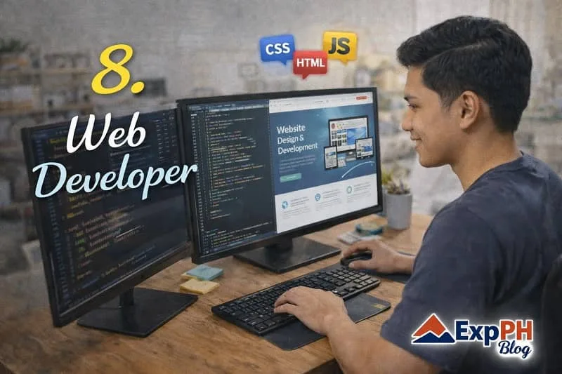 Filipino web developer coding on dual monitors showing HTML CSS and JavaScript, representing web development jobs from home with ExpPH Blog logo